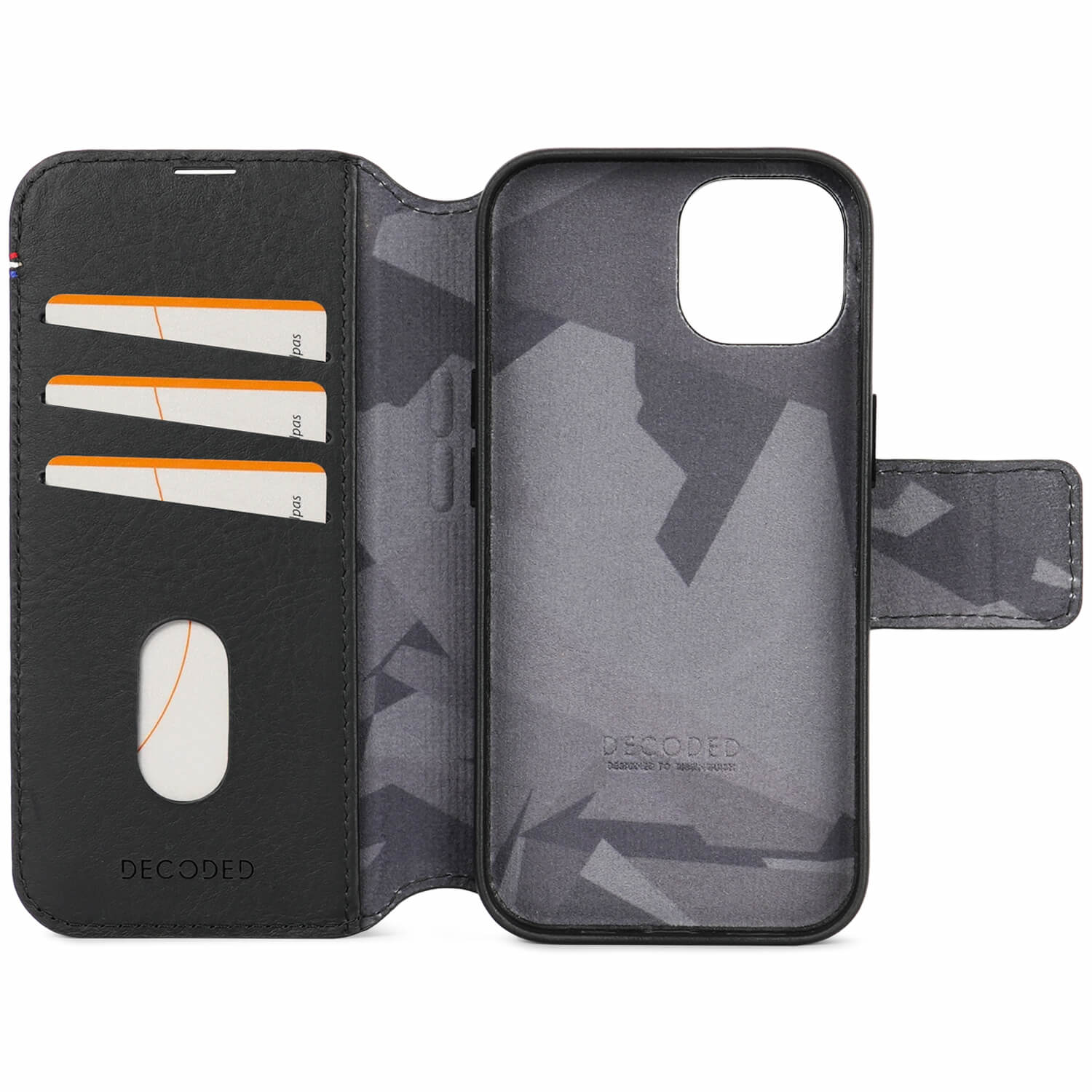 Decoded iPhone 15, housse cuir wallet amovible, noir