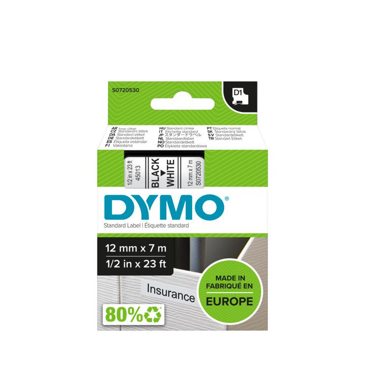 DYMO D1 -Standard Labels - Black on White - 12mm x 7m