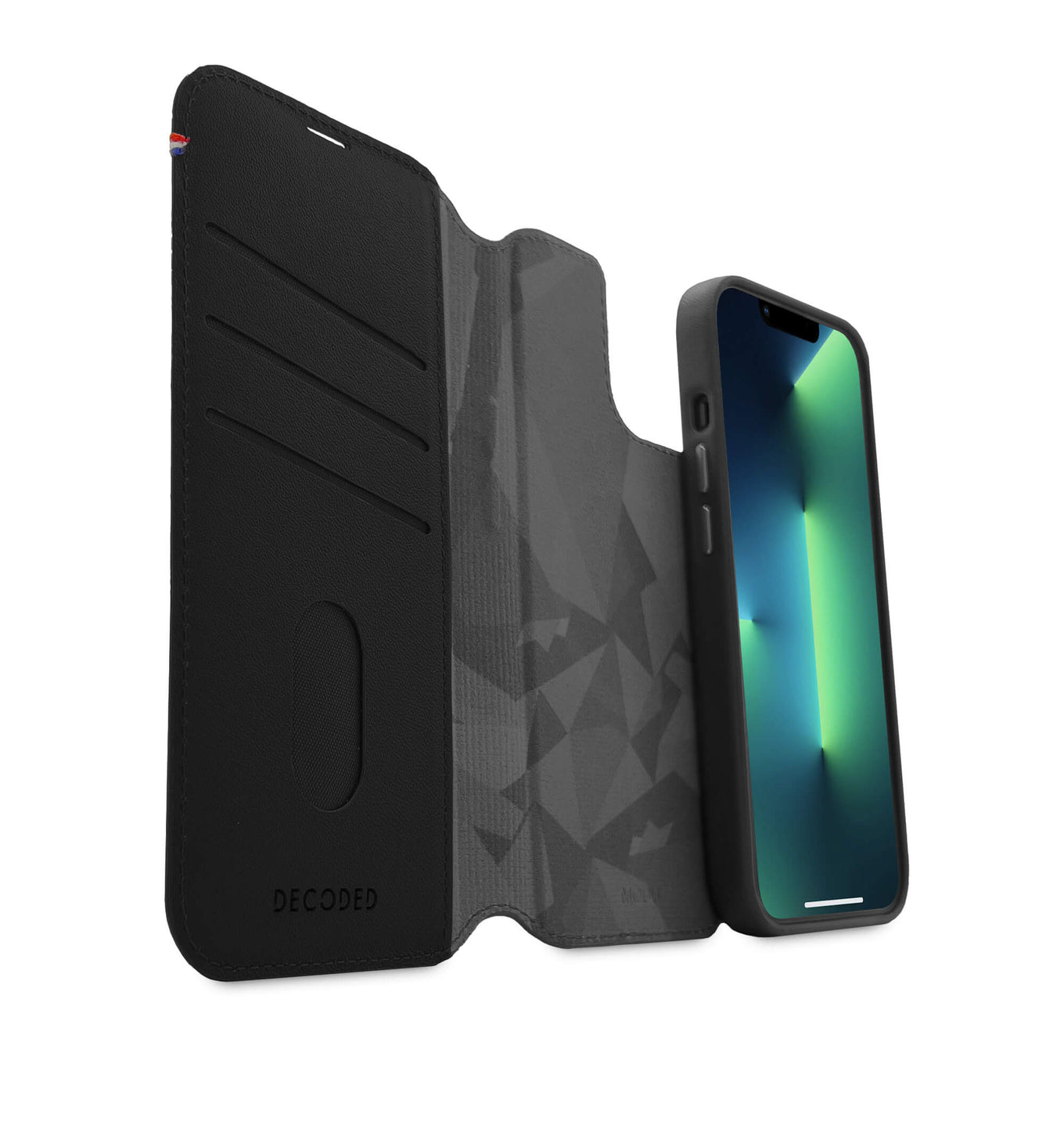 Decoded iPhone 14 Max, housse wallet amovible cuir, noir