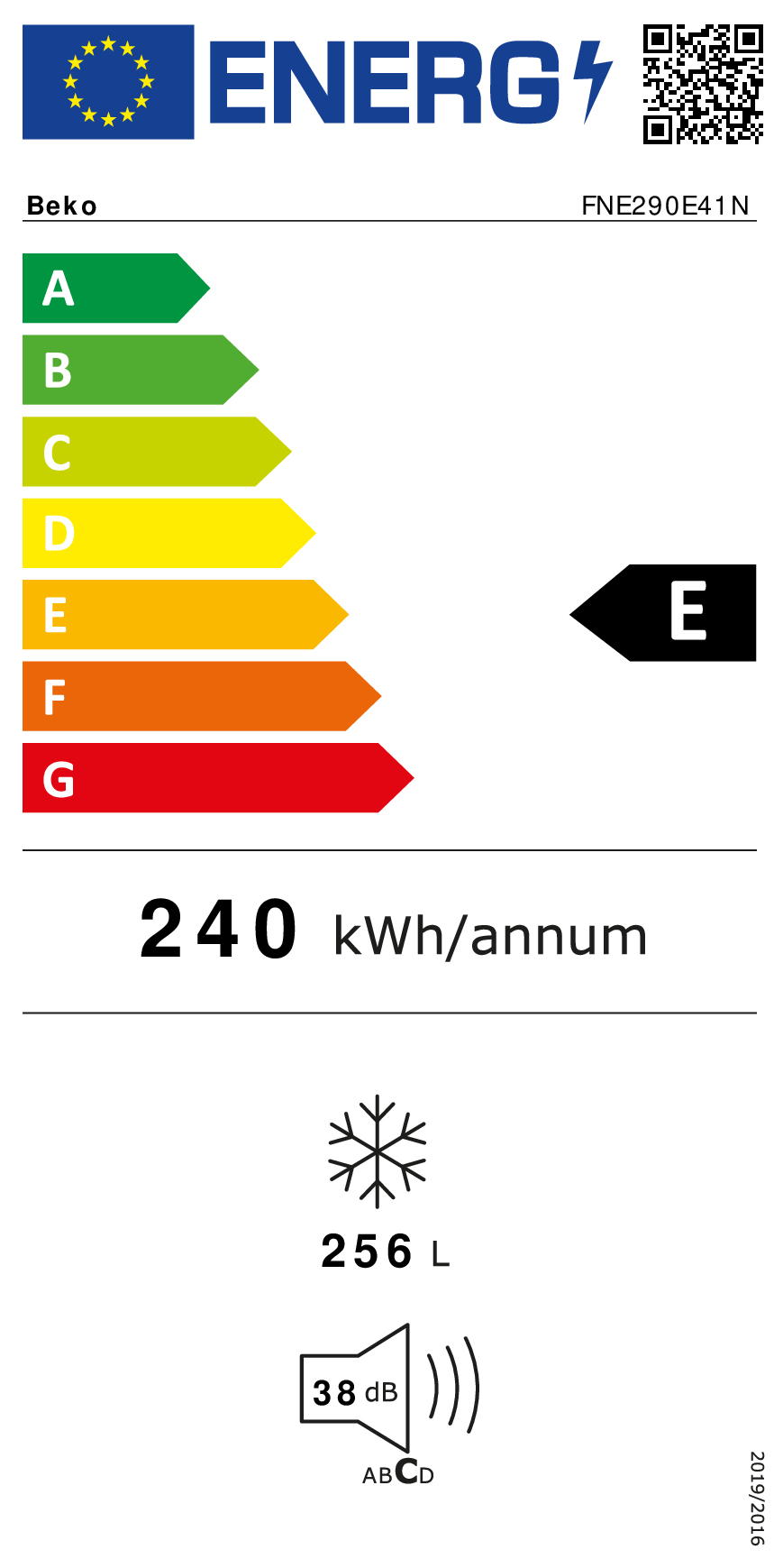 Diepvrieskast BEKO FNE290E41N / 256L / E / 171cm / NoFrost