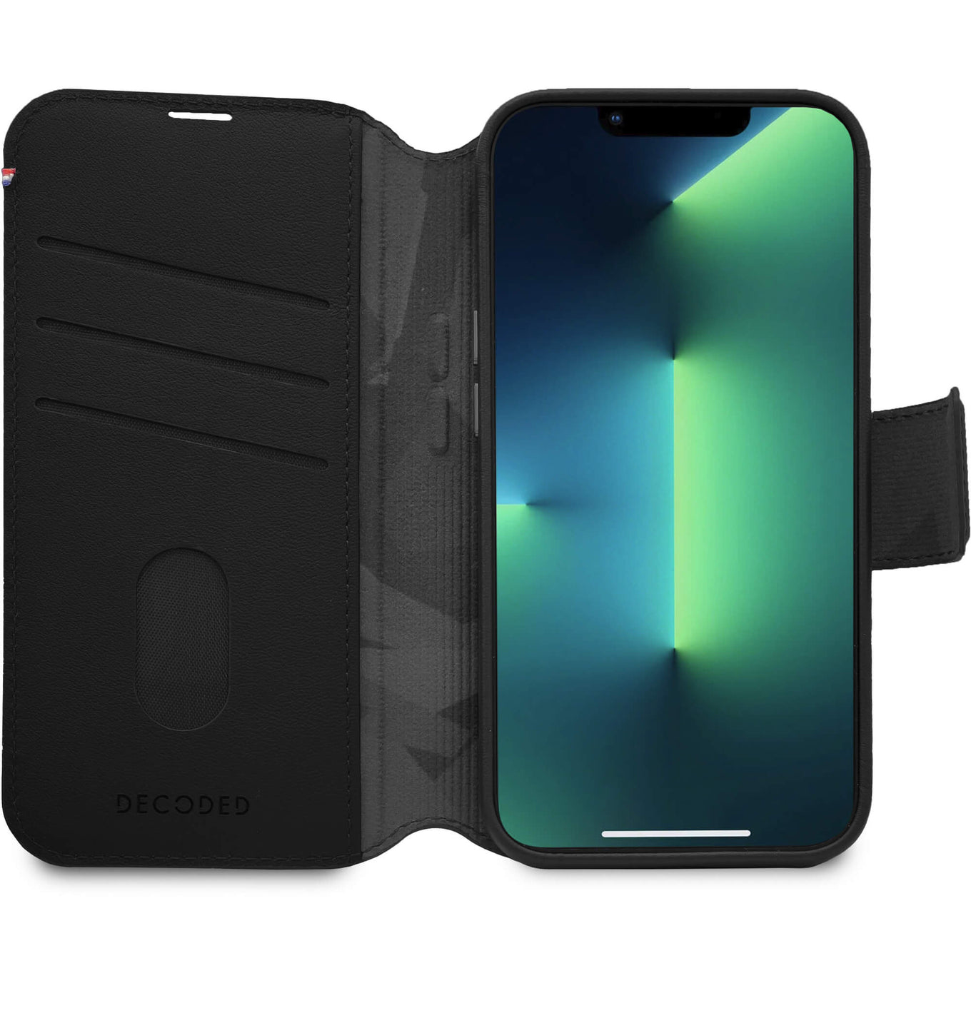 Decoded iPhone 14 Max, housse wallet amovible cuir, noir