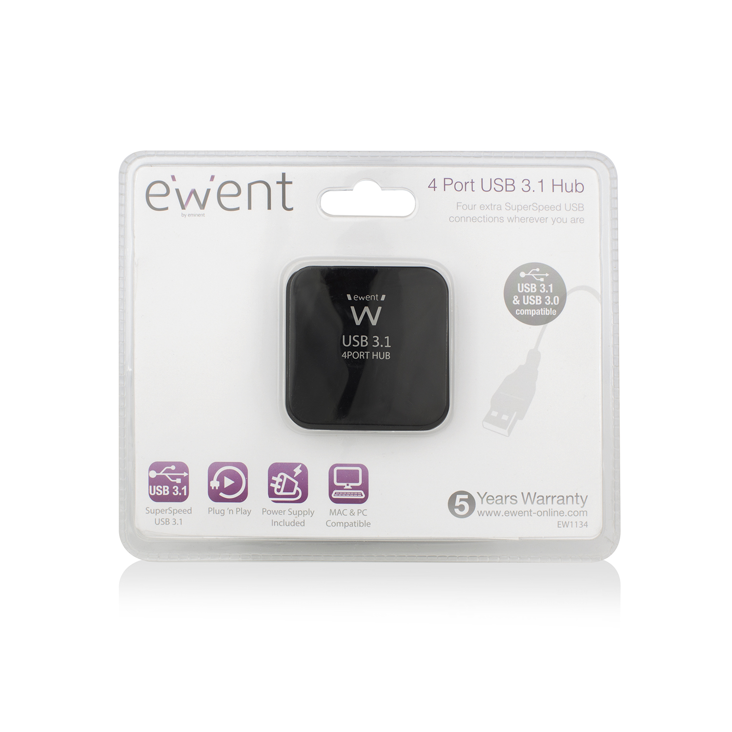 Ewent EW1134 interface hub USB 3.2 Gen 2 (3.1 Gen 2) Type-A 5000 Mbit/s Zwart