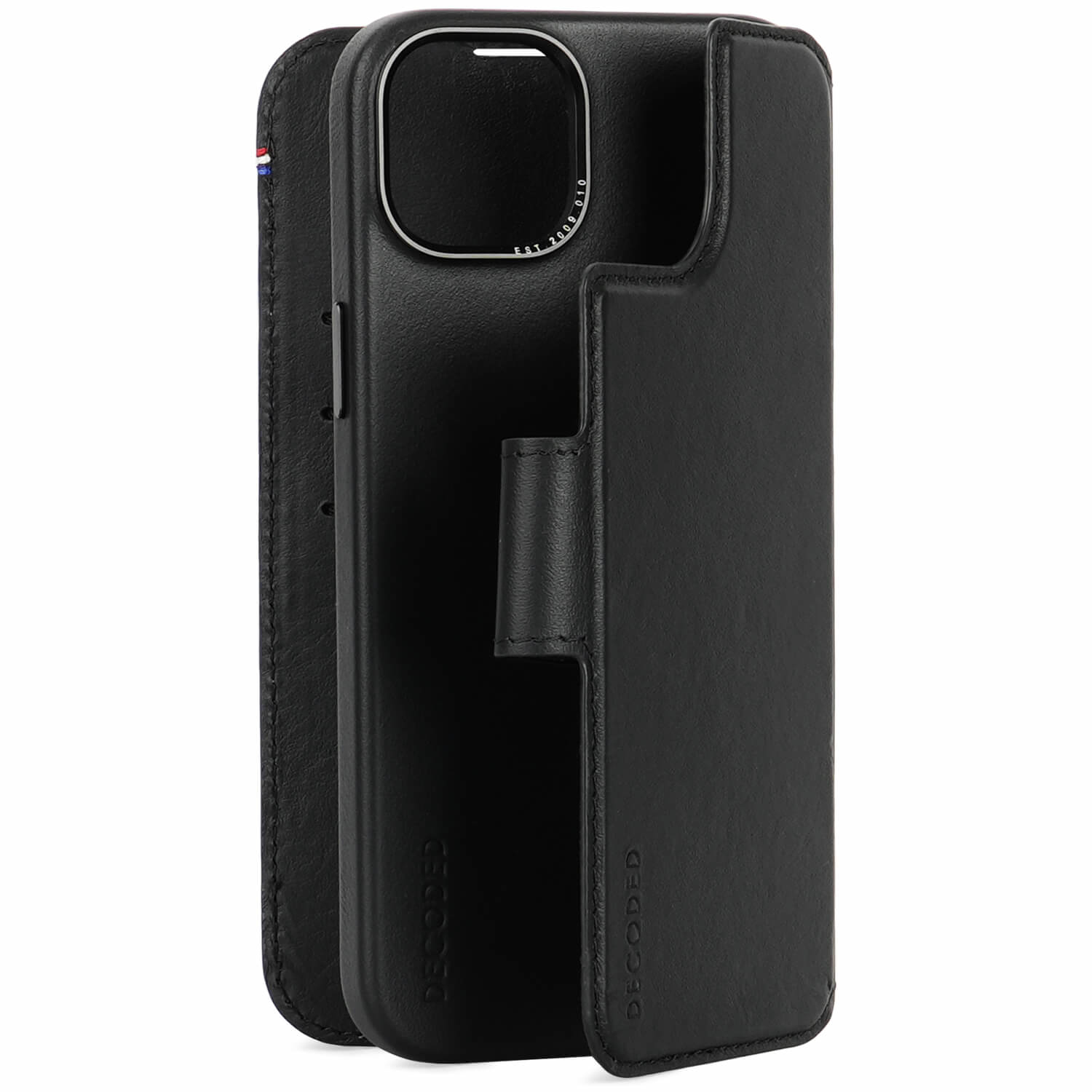 Decoded iPhone 15 Plus, housse cuir wallet amovible, noir