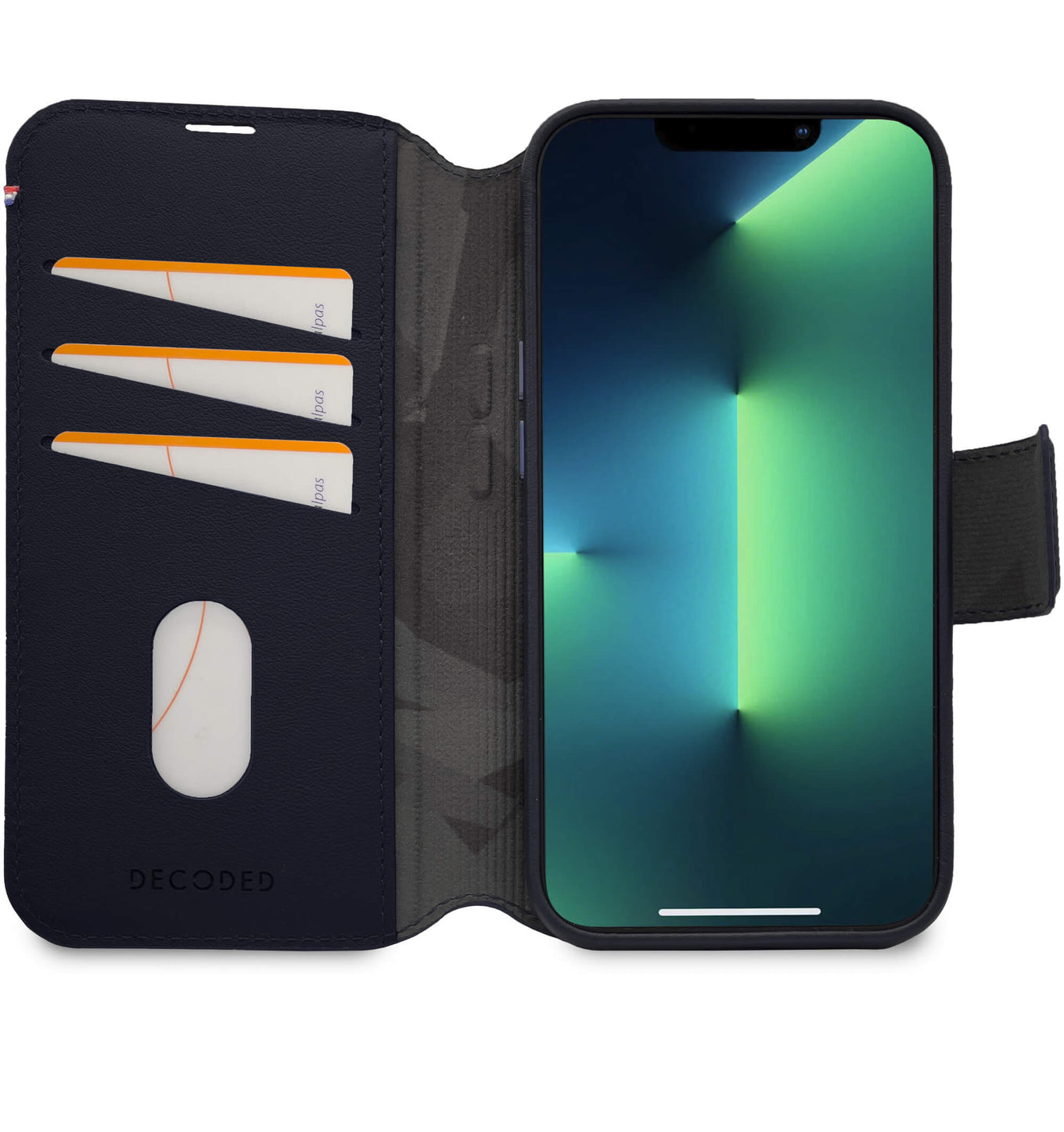 Decoded iPhone 14 Pro Max, housse wallet amovible cuir, bleu acier