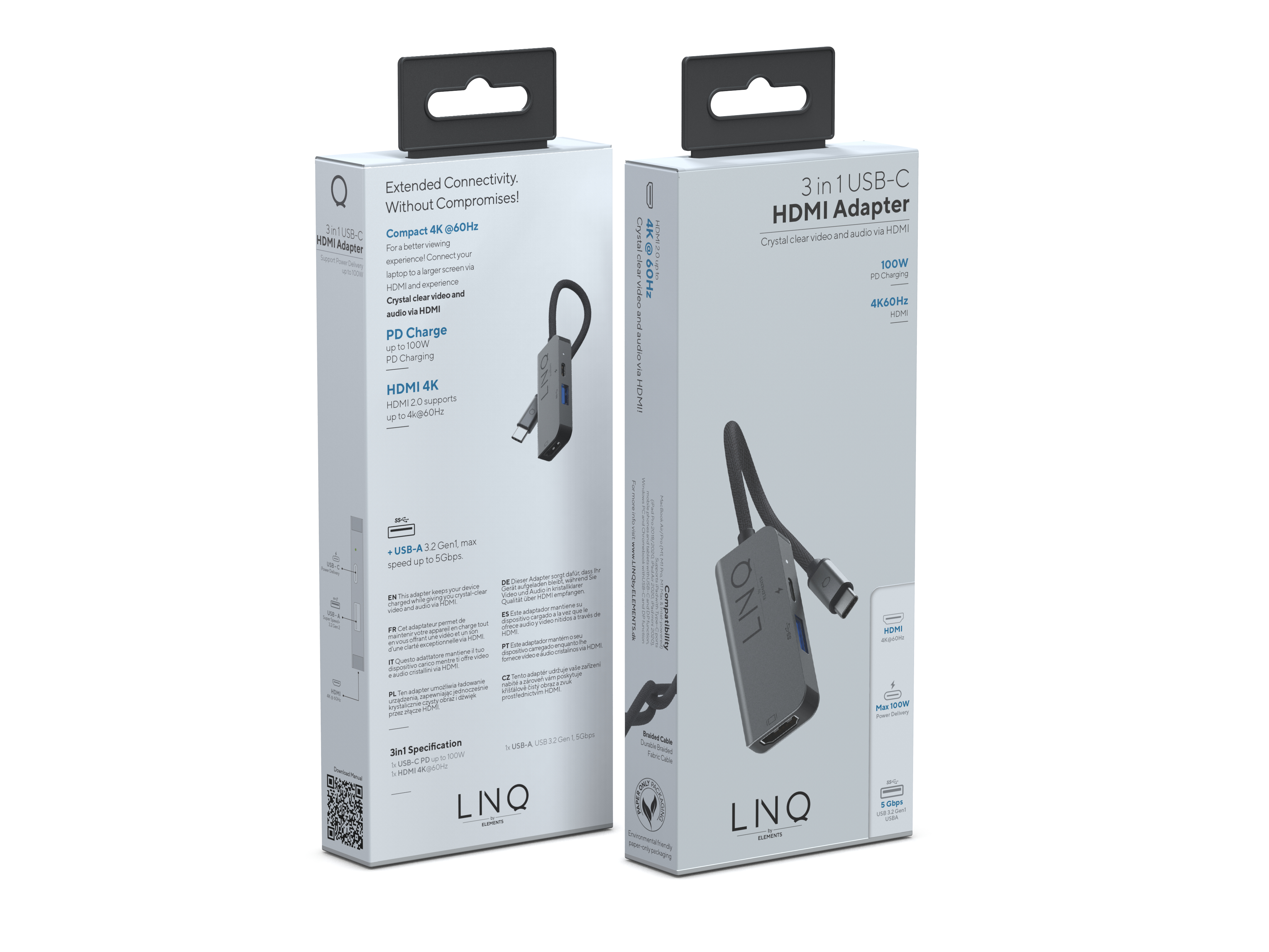 Linq 3 in 1 USB-C Hub, HDMI 4K/60Hz + USB-C 100W + USB-A 3.2 Gen1
