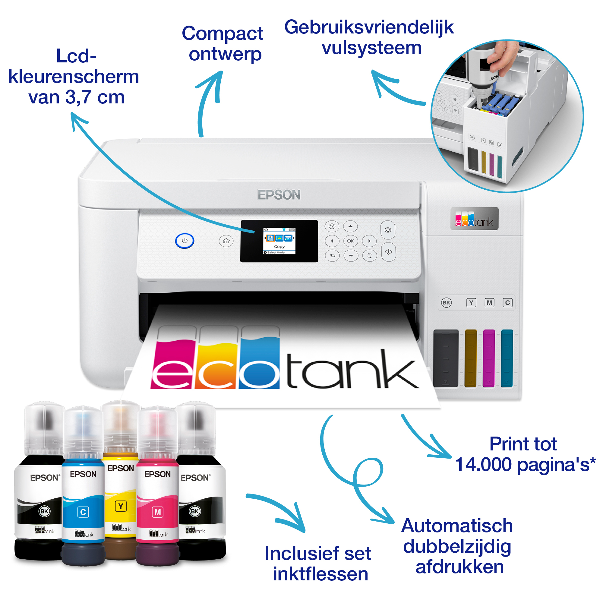 Printer Inkjet EPSON EcoTank ET-2856 Wit AIOFlat Kleur A4