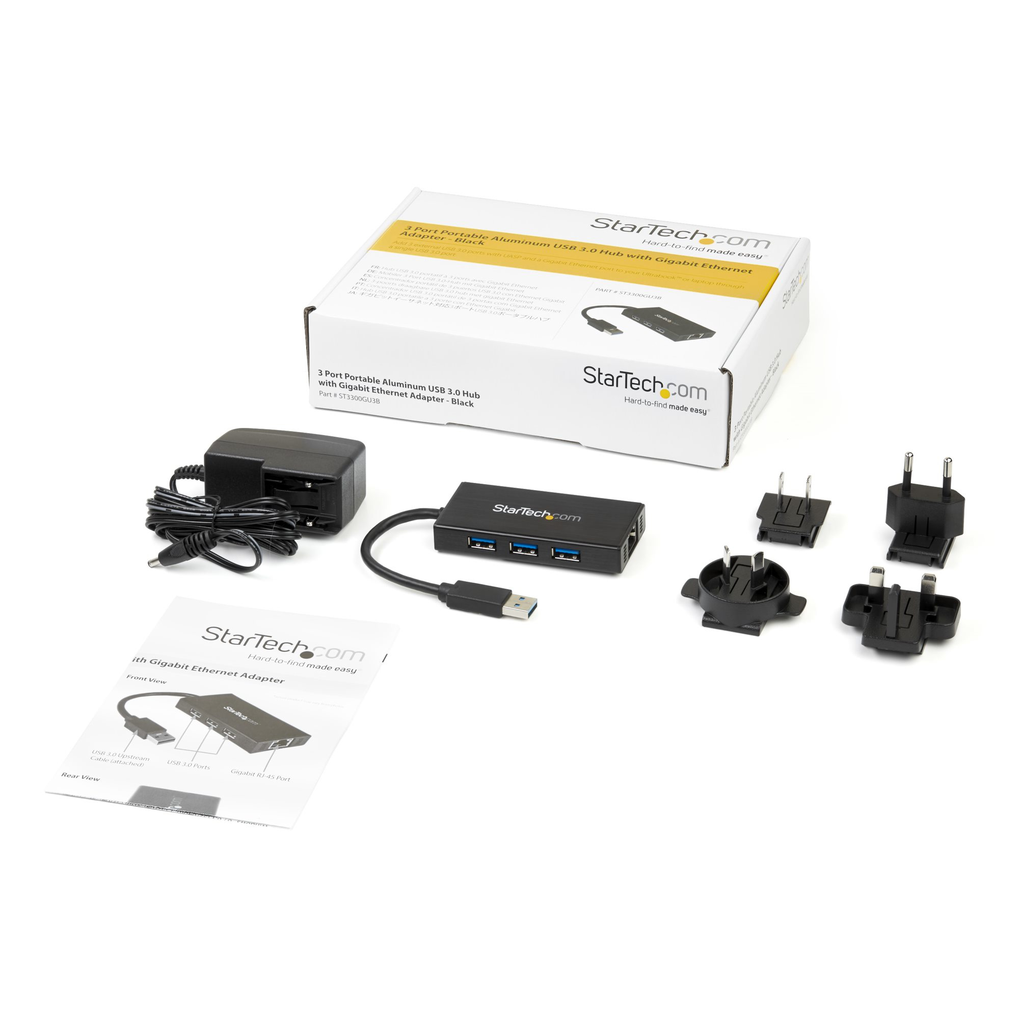StarTech.com 3-poorts draagbare USB 3.0-hub plus Gigabit Ethernet - 5Gbps - aluminium met geintegreerde kabel