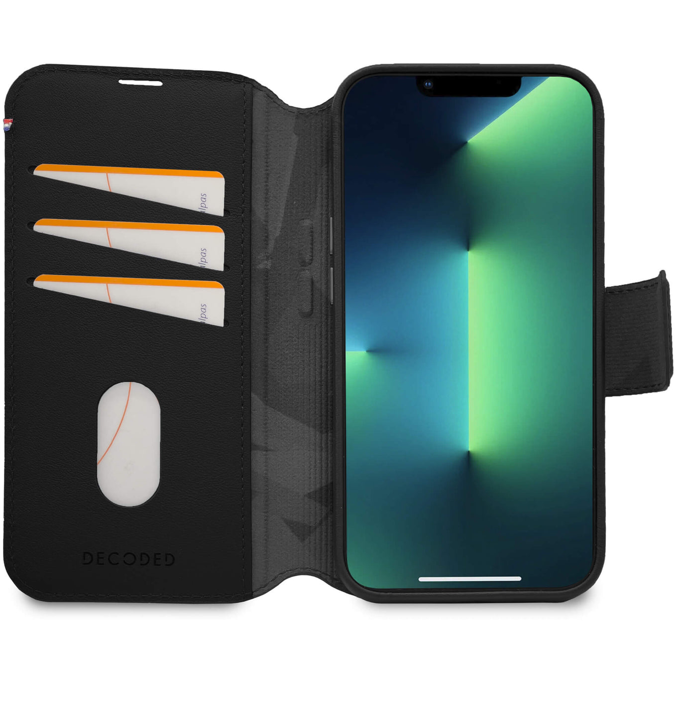 Decoded iPhone 14 Max, housse wallet amovible cuir, noir