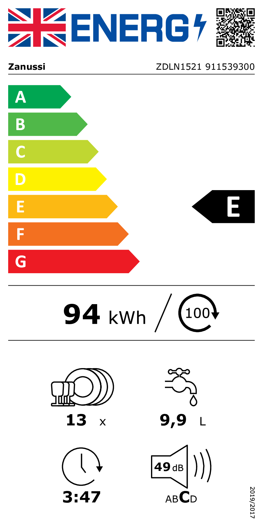 Zanussi ZDLN1521 911539300 Volledig ingebouwd 13 couverts E