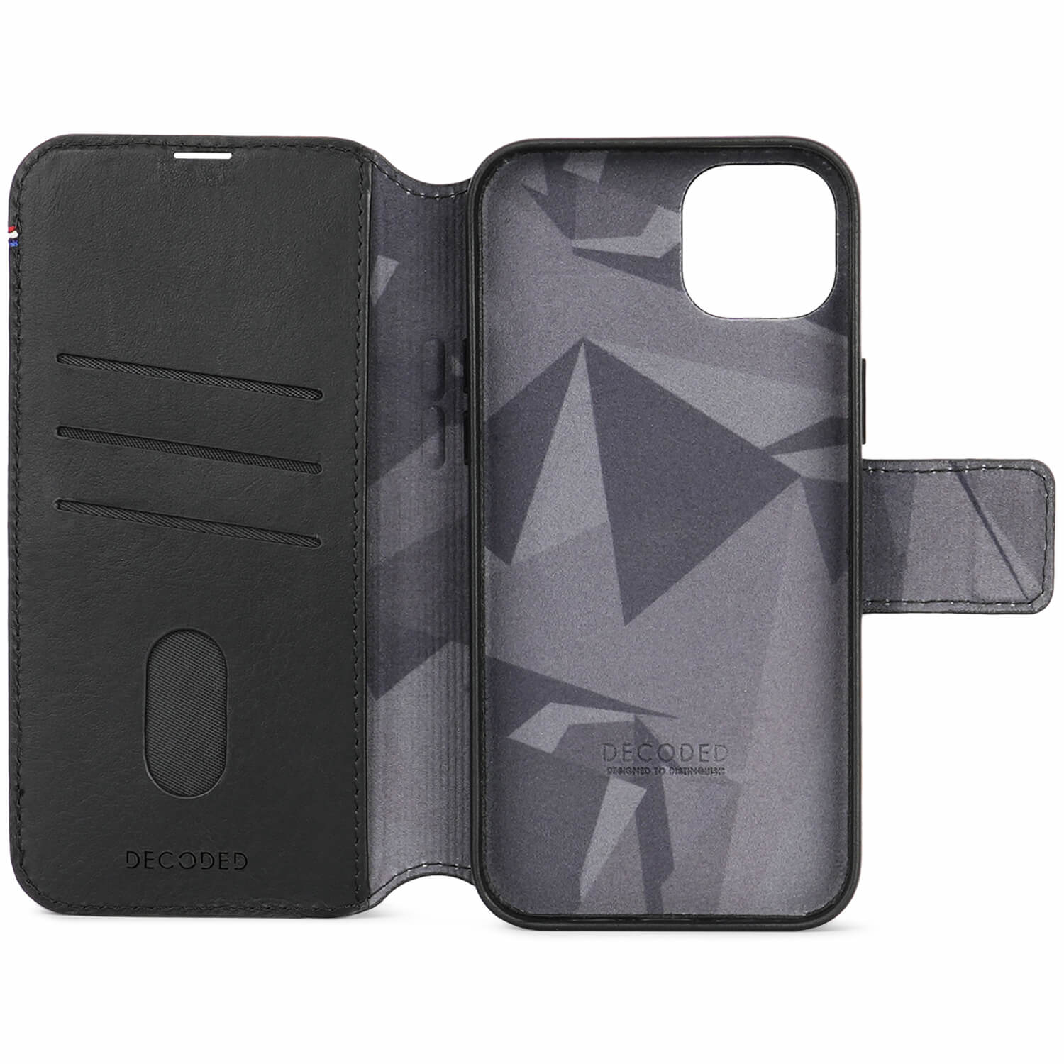 Decoded iPhone 15 Plus, housse cuir wallet amovible, noir