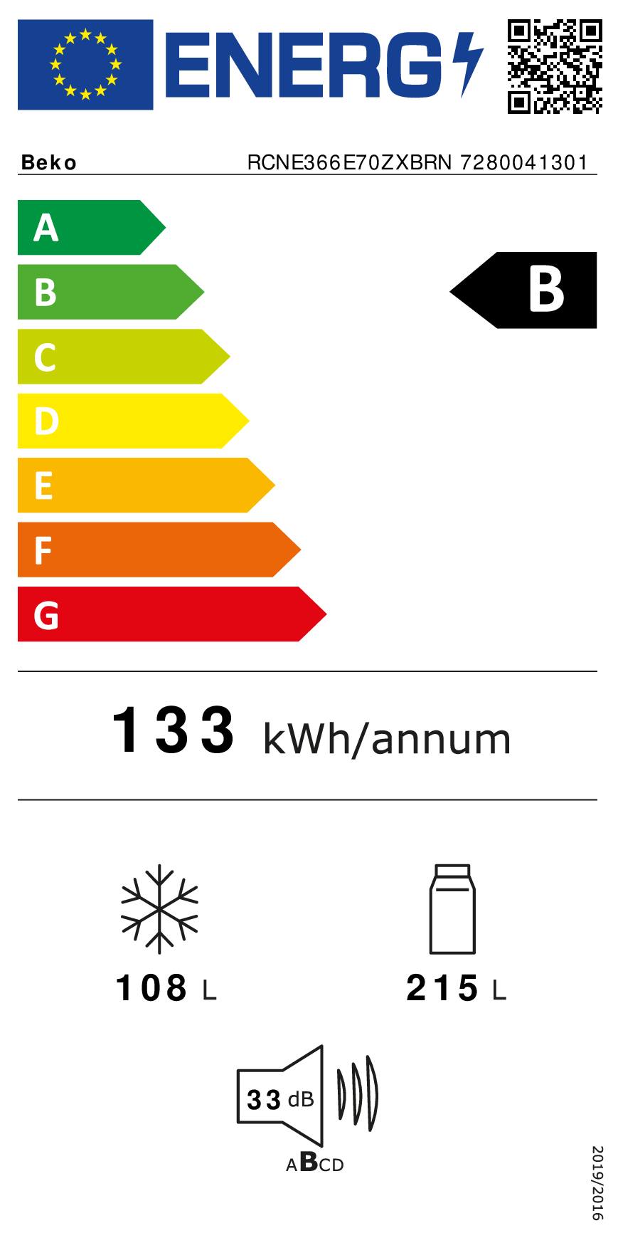 Koelkast Beko Combi RCNE366E70ZXBRN/ 186cm / B / NoFrost