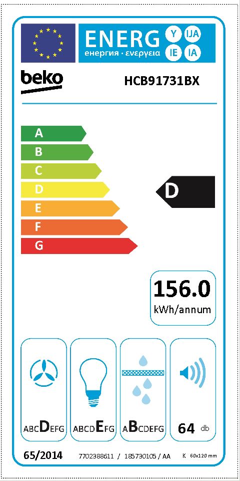 Beko HCB91731BX afzuigkap Muurmontage Roestvrijstaal 730 m³/uur D
