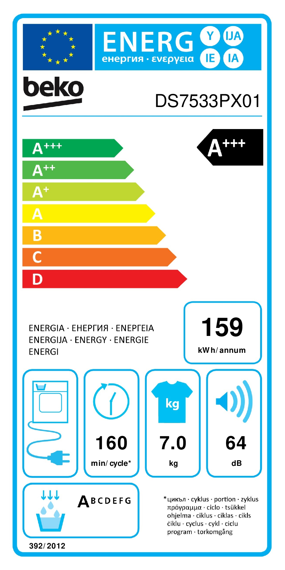 Beko DS7533PX01 sèche-linge Pose libre Charge avant 7 kg A+++ Blanc