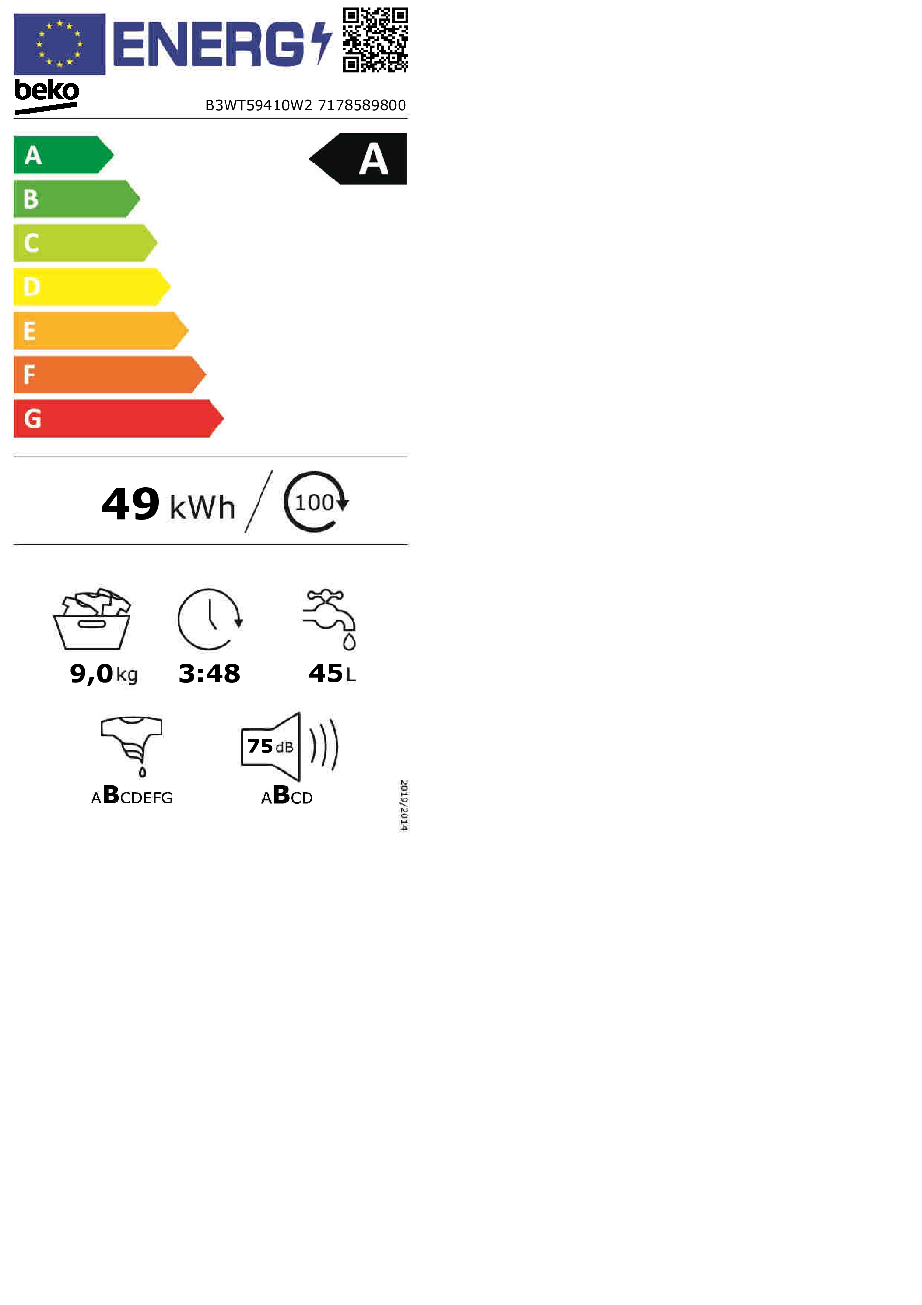 BEKO LAVE-LINGE 9KG 1400 B3WT59410W2