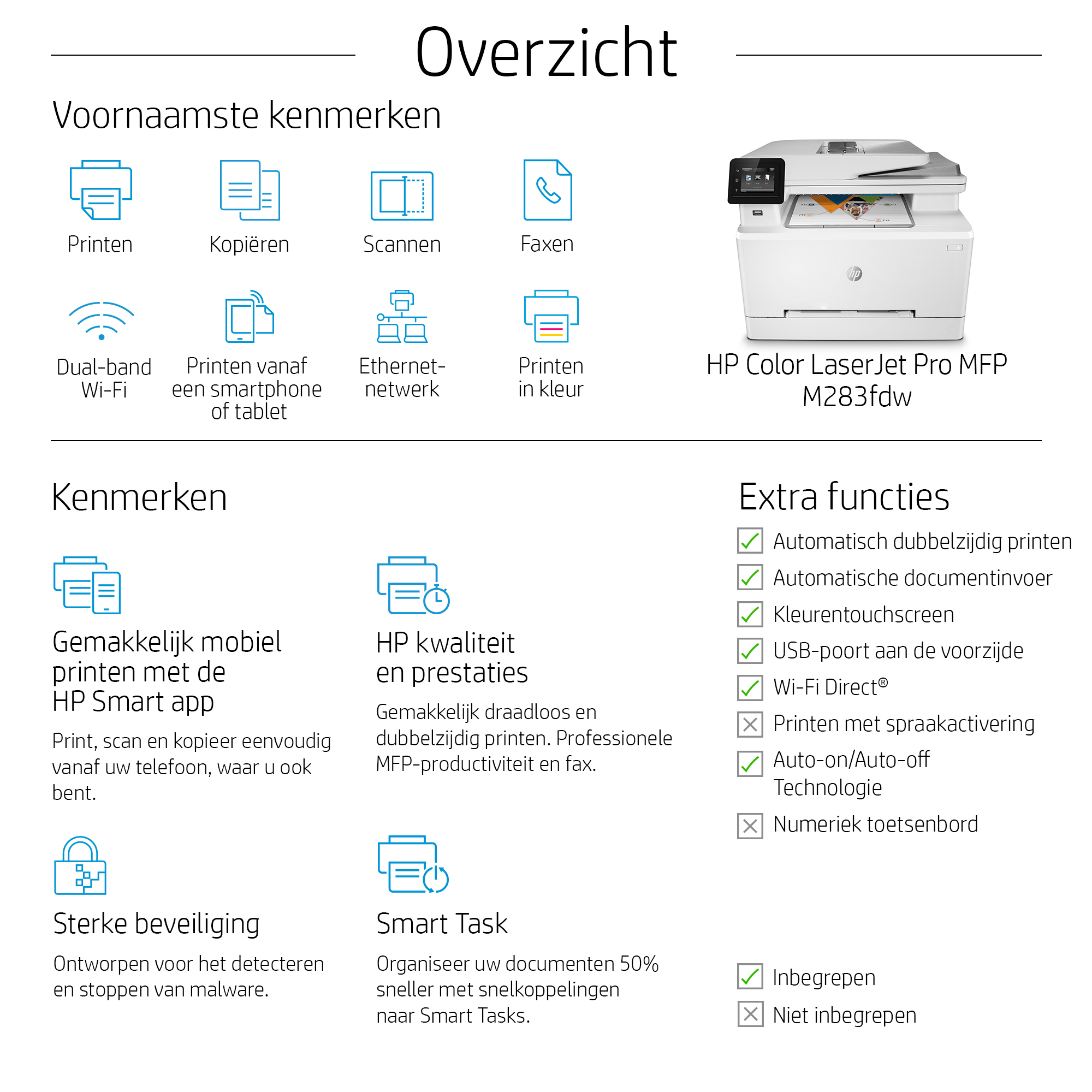 HP Color LaserJet Pro MFP M283fdw, Kleur, Printer voor Printen, kopiëren, scannen, faxen, Printen via USB-poort aan voorzijde; Scannen naar e-mail; Dubbelzijdig printen; ADF voor 50 vel ongekruld