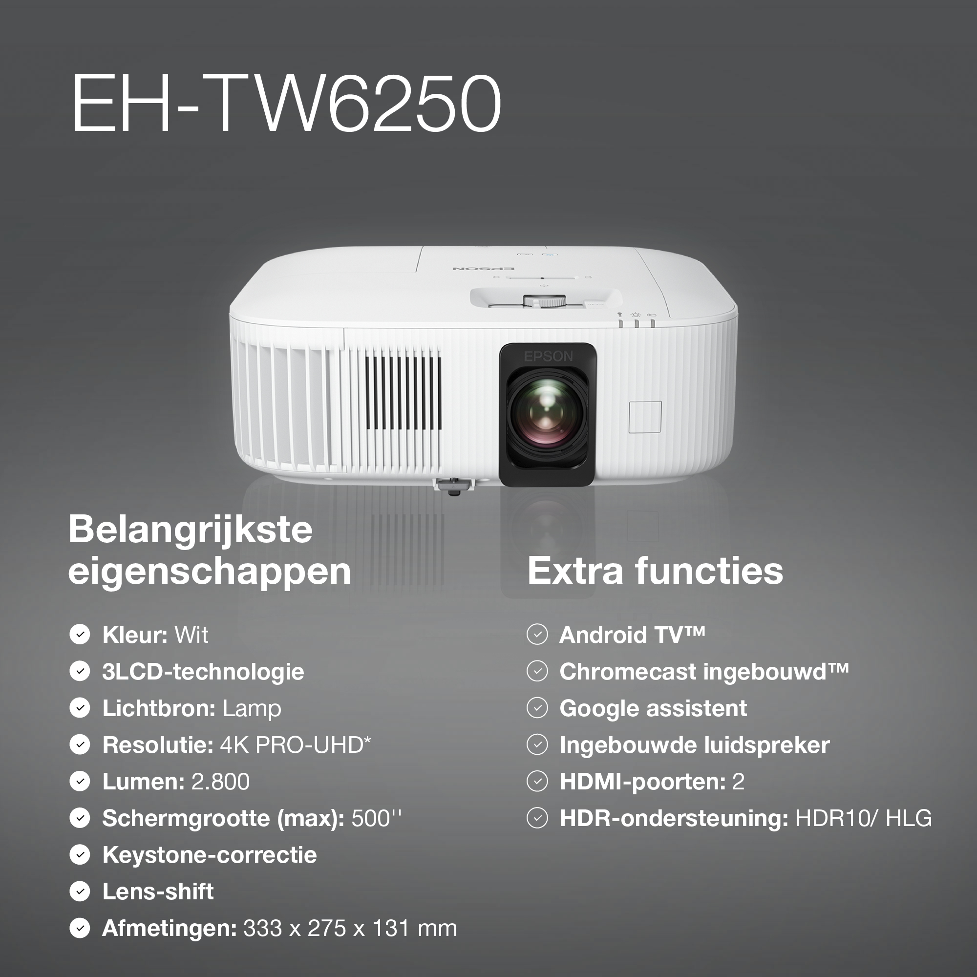 Epson EH-TW6250 vidéo-projecteur Projecteur à focale courte 2800 ANSI lumens 3LCD 4K+ (5120x3200) Blanc