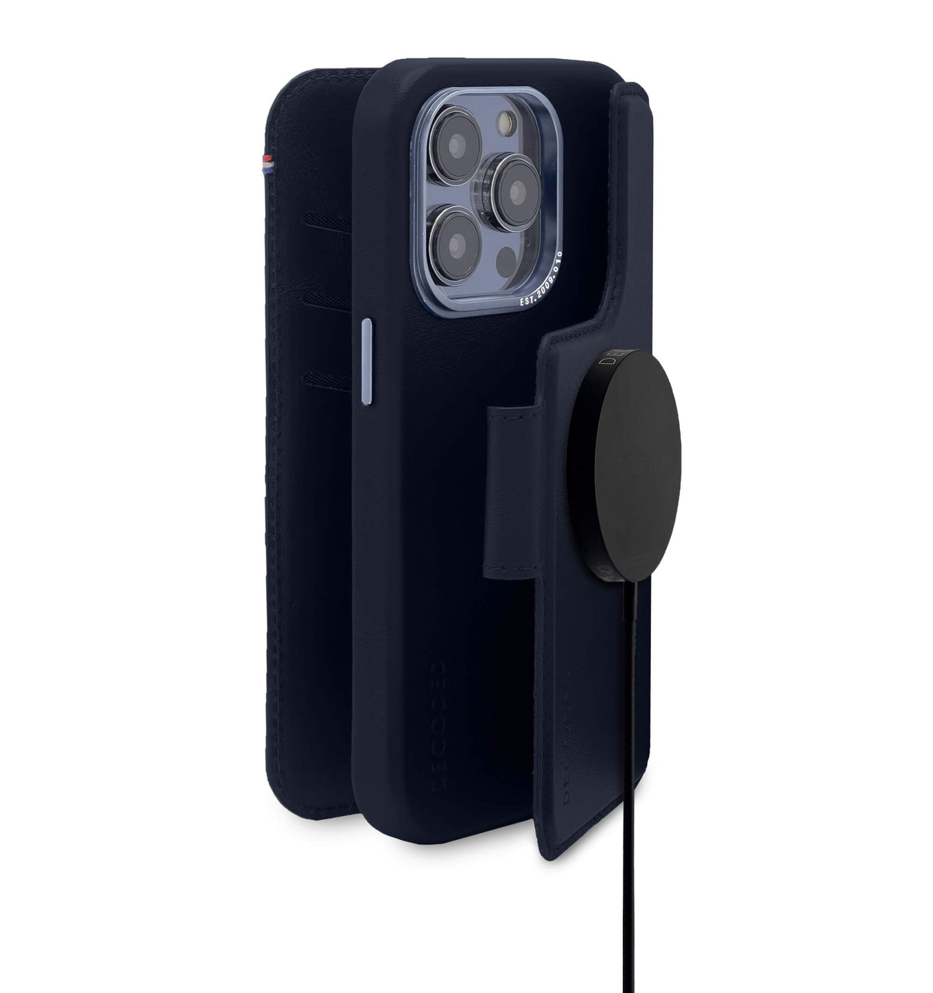 Decoded iPhone 14 Pro Max, housse wallet amovible cuir, bleu acier