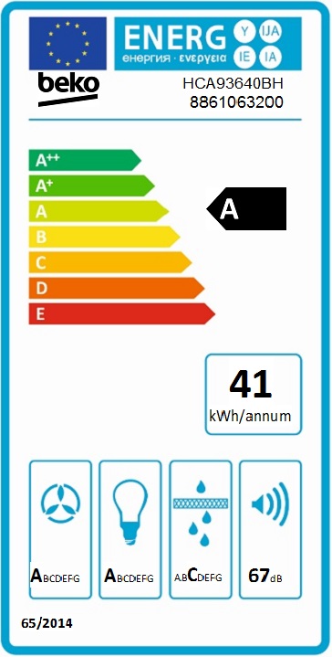 Beko HCA93640BH hotte Montée au mur Noir 632 m³/h A