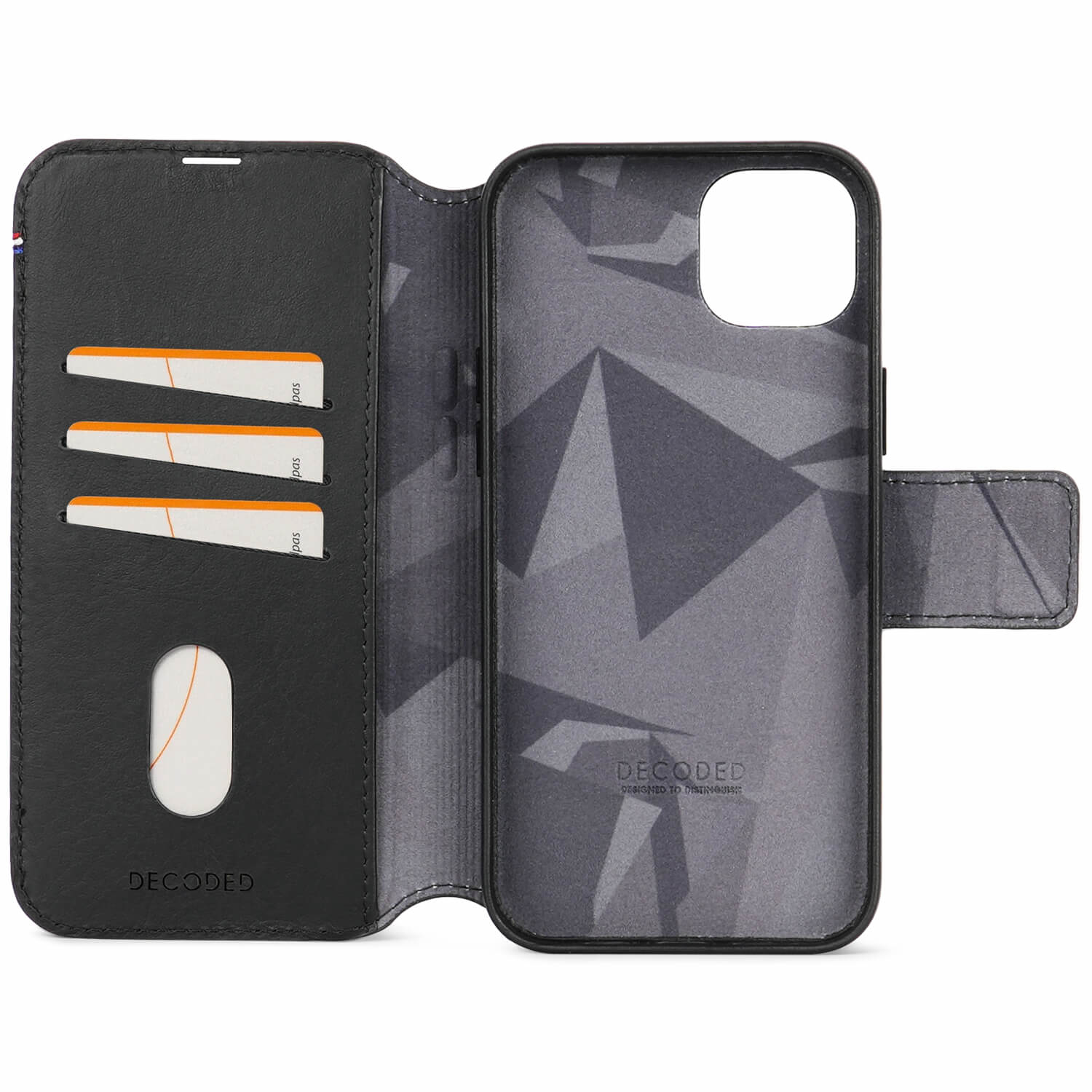 Decoded iPhone 15 Plus, housse cuir wallet amovible, noir